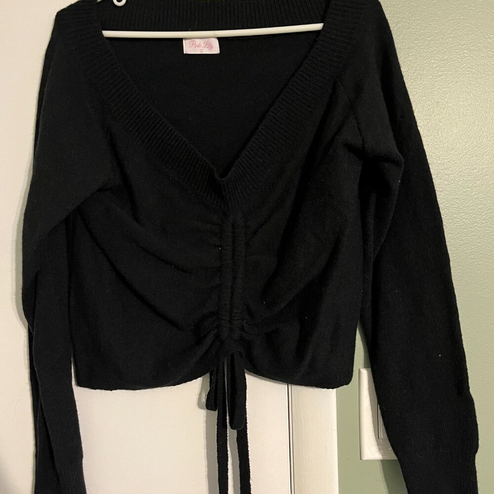 Pink Lily Make Up Your Mind Black Cinched Front Sweater - Large